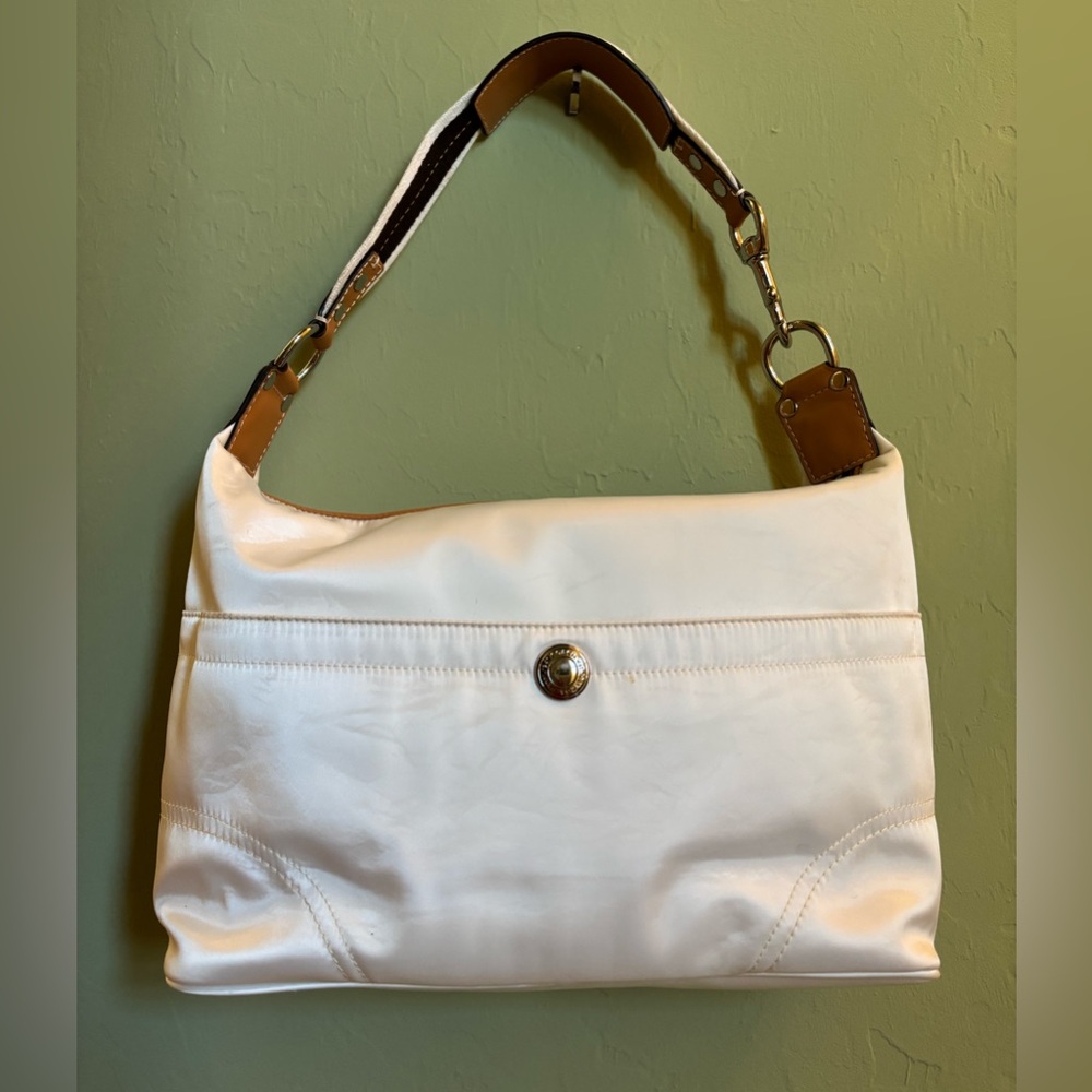 Beautiful Coach - White Nylon and Tan Leather Shoulder Bag